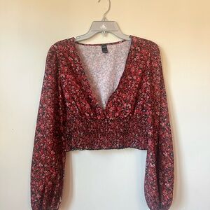 SHEIN Pink and Black Floral Smocked Blouse